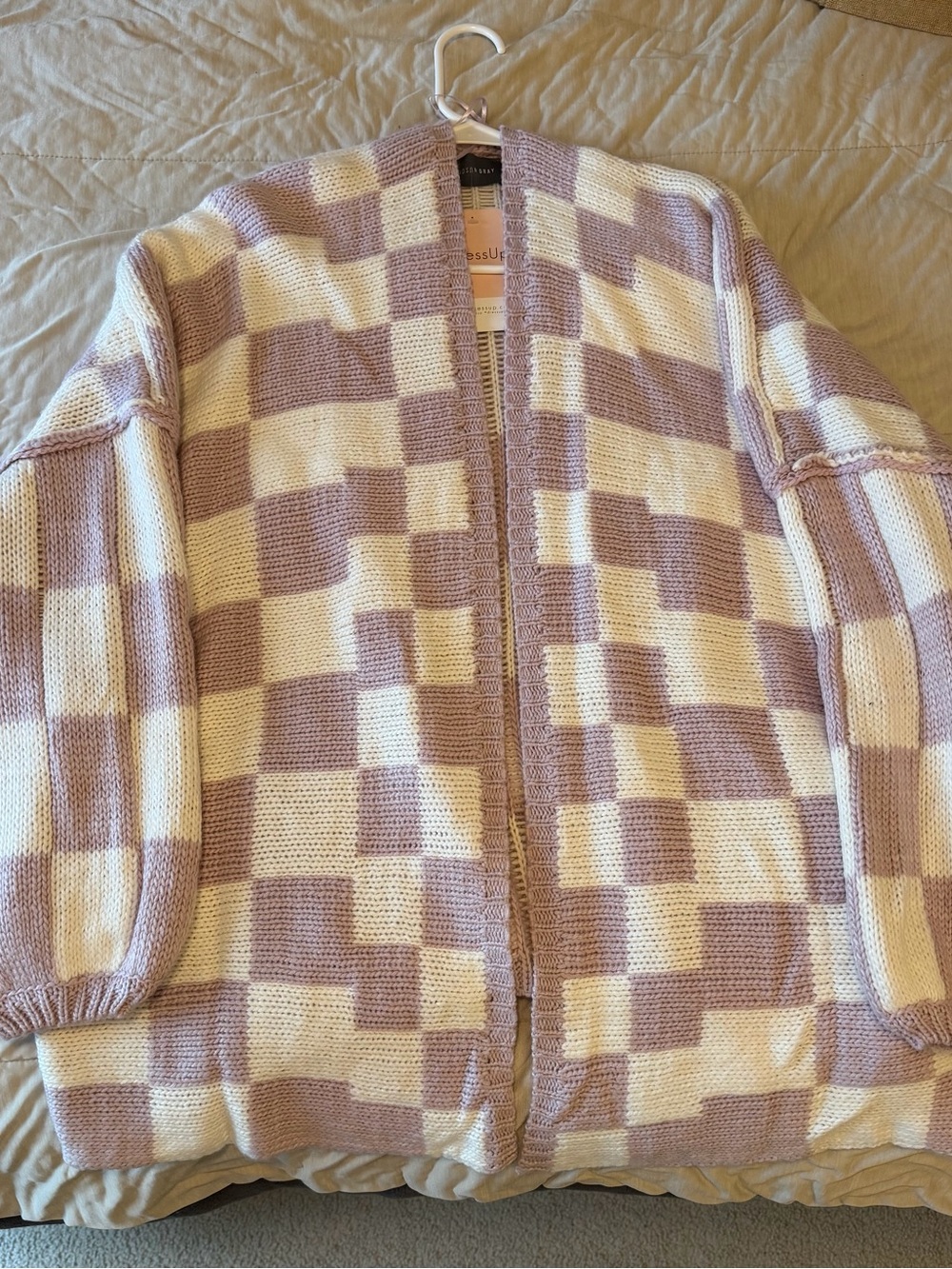 Open-Front Lilac and Cream Checkered Cardigan